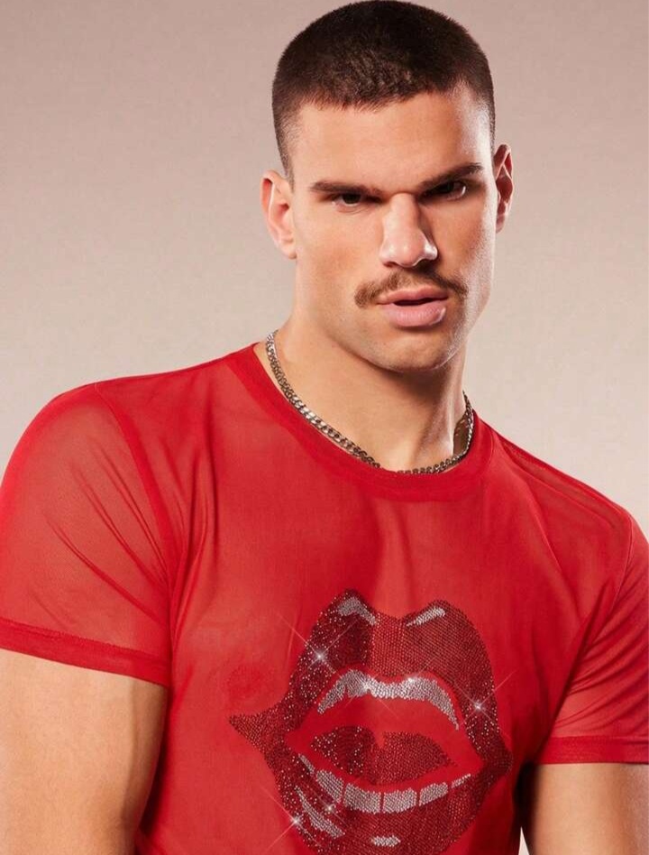 Men's Rhinestone Lip Print Round Neck Short Sleeve T-Shirt